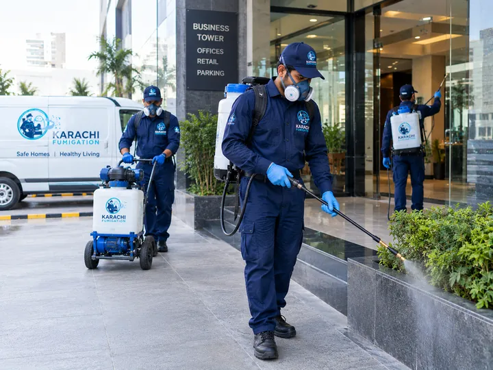 Karachi Fumigation Services team carrying out fumigation at a commercial site in Karachi