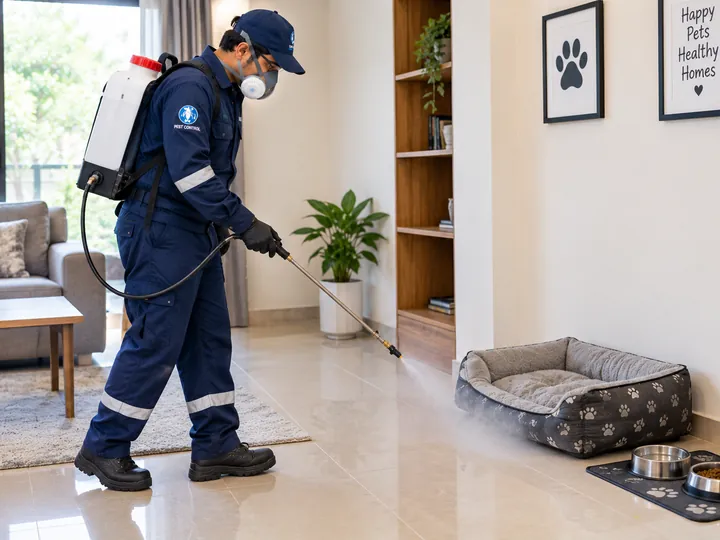 KFS technician spraying floors and pet resting areas for fleas and ticks in Karachi