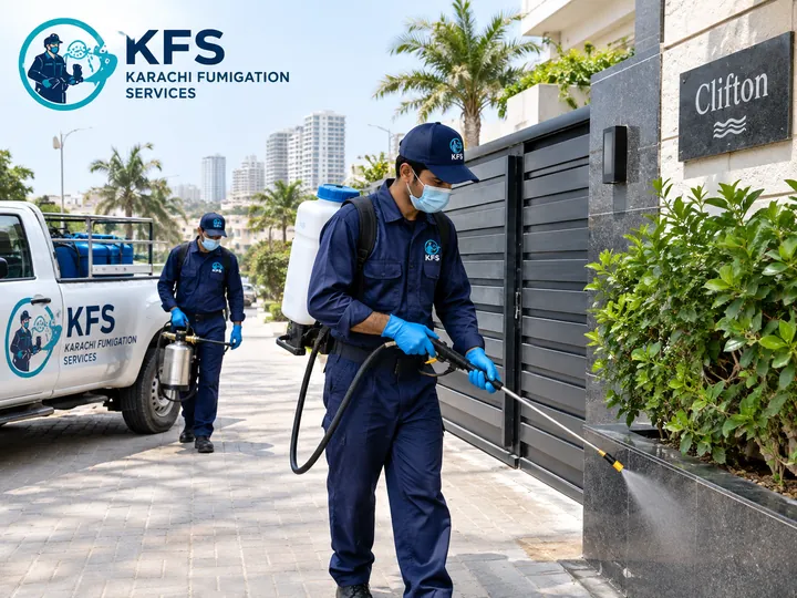 Karachi Fumigation Services technicians on a fumigation job in Clifton, Karachi