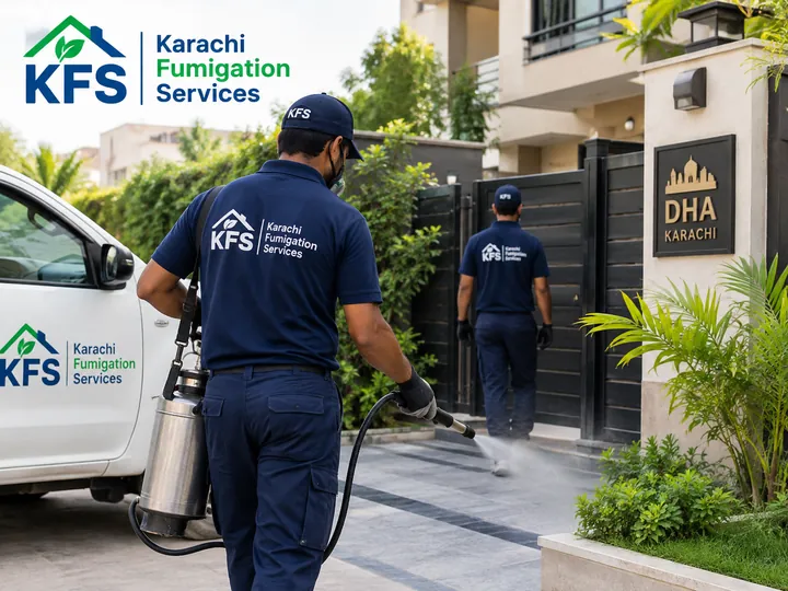 Karachi Fumigation Services technicians on a fumigation job in DHA, Karachi