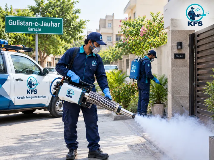 Karachi Fumigation Services technicians on a fumigation job in Gulistan-e-Jauhar, Karachi
