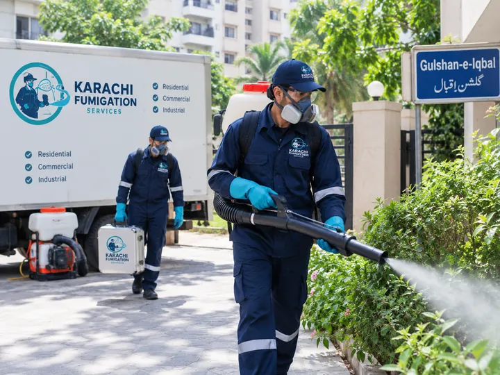 Karachi Fumigation Services technicians on a fumigation job in Gulshan-e-Iqbal, Karachi