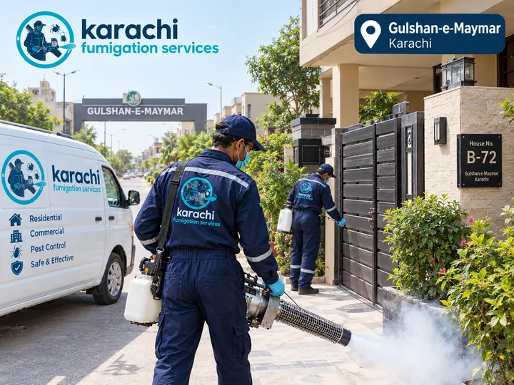 Karachi Fumigation Services technicians on a fumigation job in Gulshan-e-Maymar, Karachi