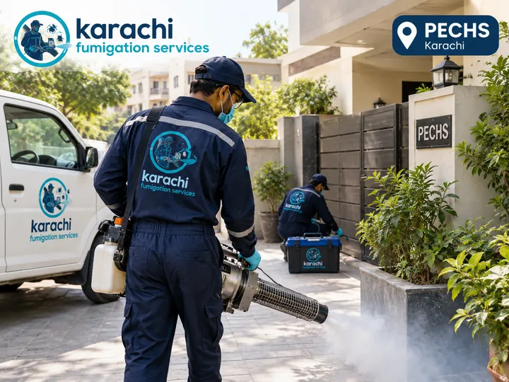 Karachi Fumigation Services technicians on a fumigation job in PECHS, Karachi