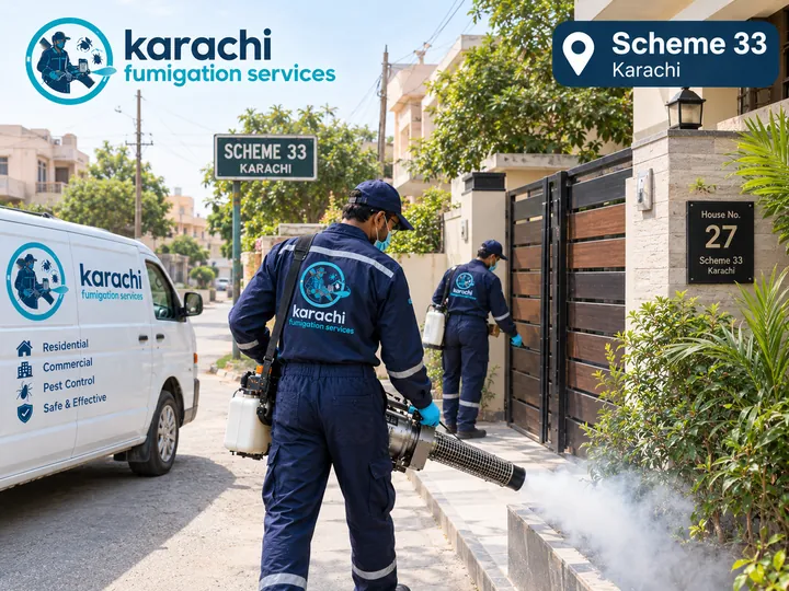 Karachi Fumigation Services technicians on a fumigation job in Scheme 33, Karachi