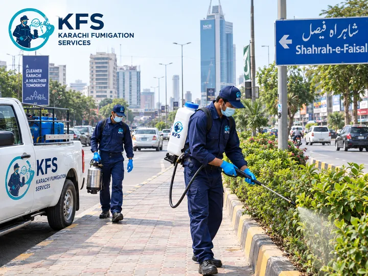 Karachi Fumigation Services technicians on a fumigation job in Shahrah-e-Faisal, Karachi