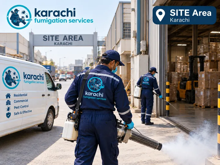Karachi Fumigation Services technicians on a fumigation job in SITE Area, Karachi