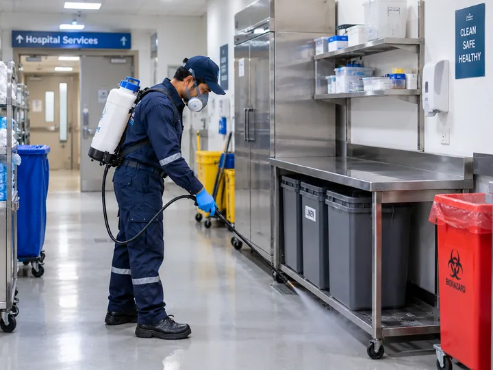 KFS technician carrying out pest control in a hospital service area in Karachi