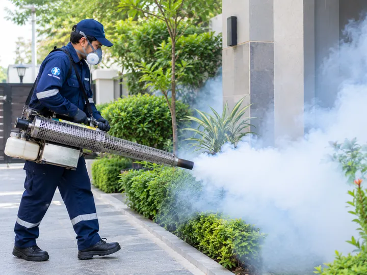 KFS technician carrying out outdoor thermal fogging for mosquito control in Karachi