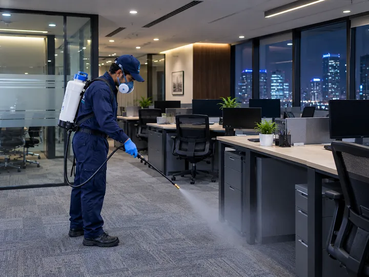 KFS technician carrying out after-hours office fumigation in Karachi