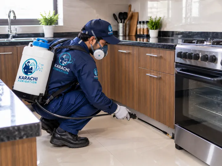 Pest control technician from Karachi Fumigation Services inspecting a kitchen in Karachi