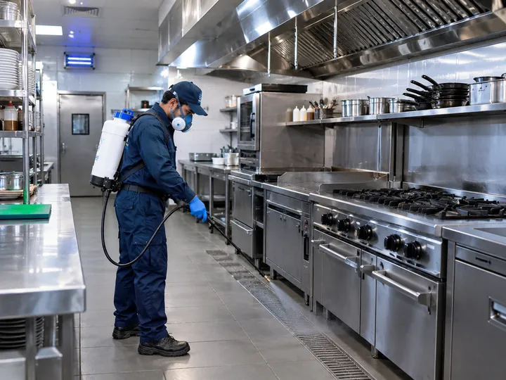 KFS technician treating a restaurant kitchen in Karachi for cockroaches