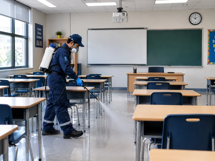 KFS technician fumigating an empty classroom in a Karachi school