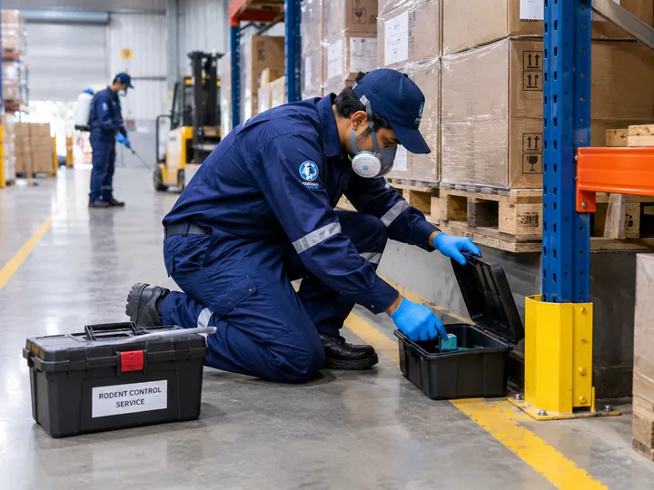 KFS technician placing rodent bait stations in a warehouse in Karachi